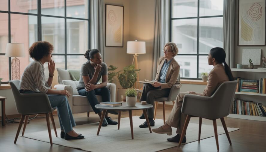 A therapist attentively listening to two adults in a bright, comfortable therapy office with a view of an urban landscape outside.