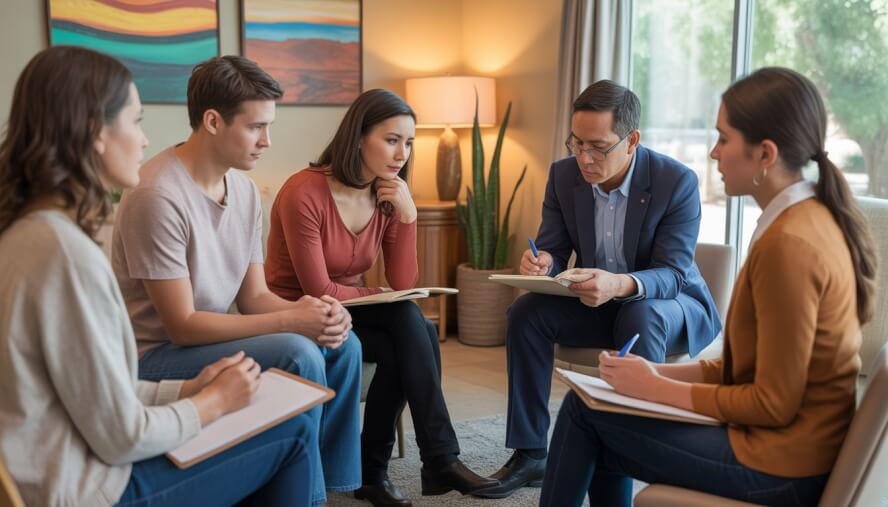 A therapist attentively listening to a group of adults during a counseling session in a bright, welcoming office with southwestern decor.