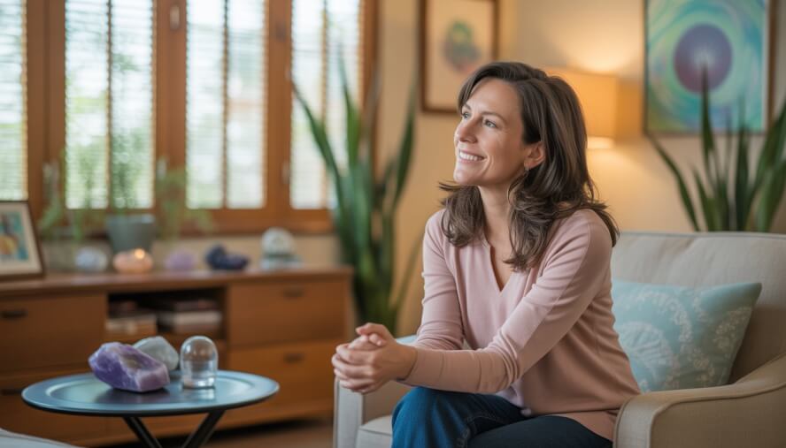 A female therapist sitting in a cozy counseling office with plants and soft natural light, attentively listening and smiling gently.