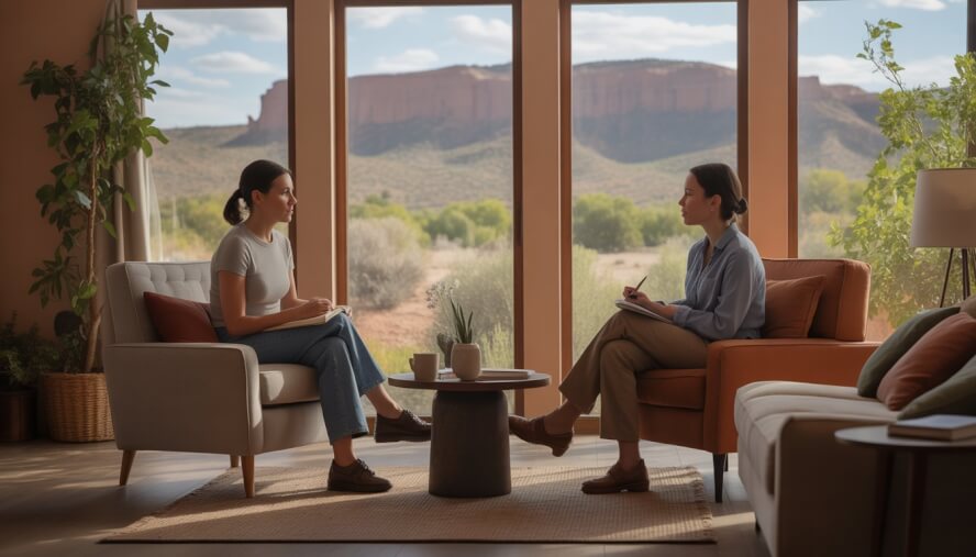 A therapist and an adult client having a supportive conversation in a warm, inviting therapy office with a desert landscape visible through the window.