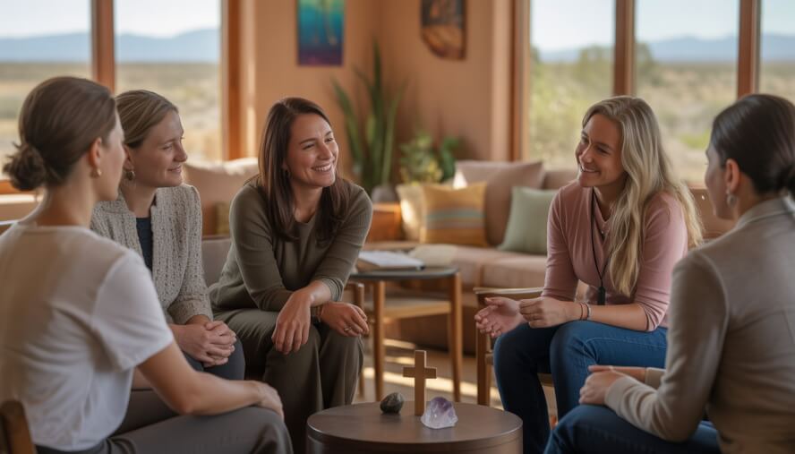 A group of adults seated in a warm, inviting therapy room with natural light and Southwestern decor, engaged in a supportive counseling session.