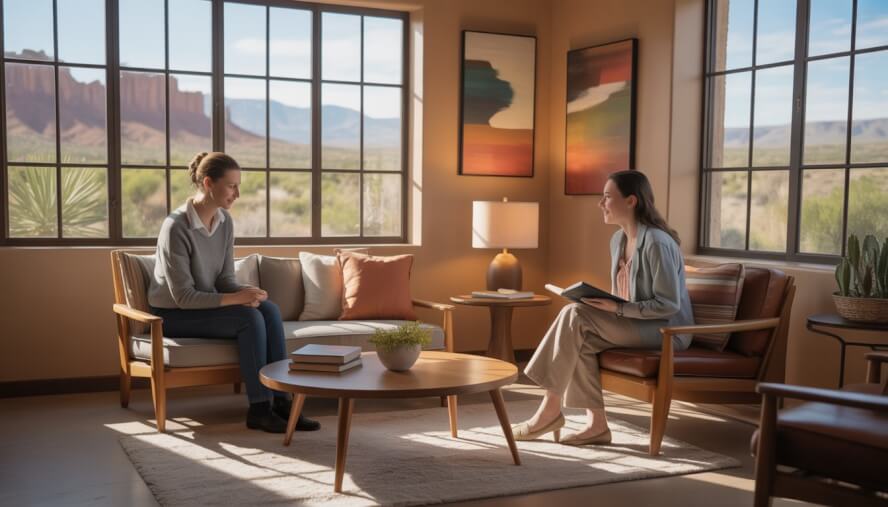 A therapist and a client having a confidential conversation in a comfortable therapy room with large windows showing a Southwestern desert landscape.