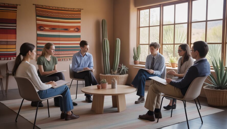 Adults participating in a group therapy session in a warm, southwestern-style room with natural light and desert plants.