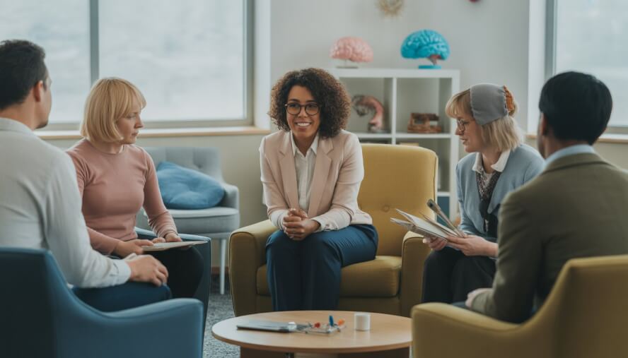 A therapist talking with an adult client in a bright, comfortable therapy office.