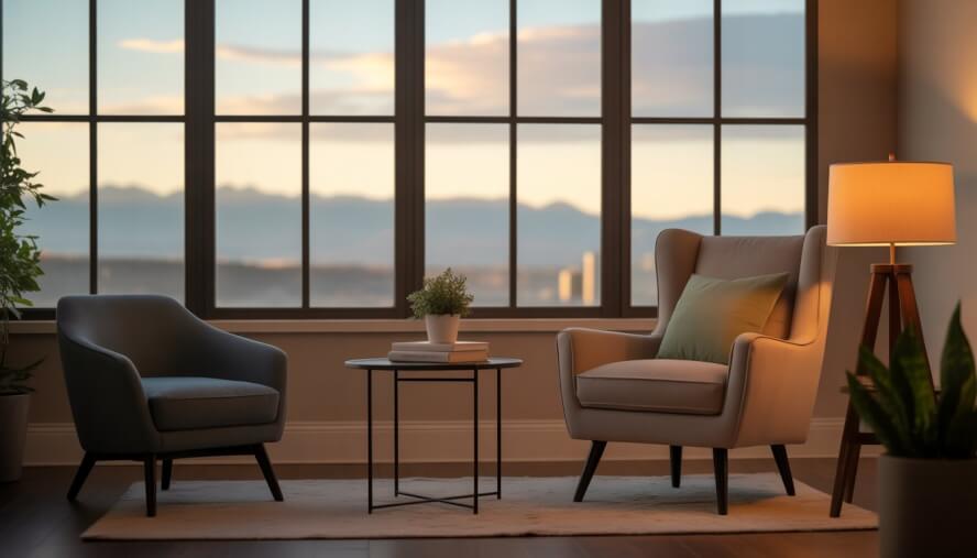 A calm therapy office with comfortable seating and large windows showing a city and mountain view.