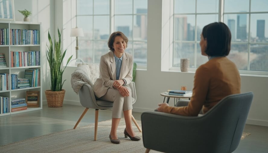 A psychologist and an adult client having a supportive conversation in a bright therapy office with a view of Denver city.