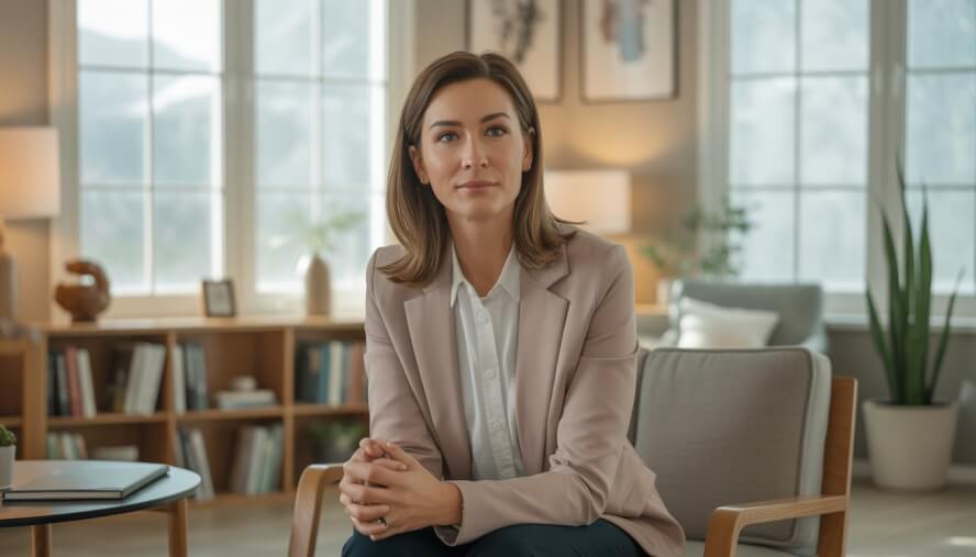 A female therapist sitting comfortably in a bright, modern office with bookshelves and plants.