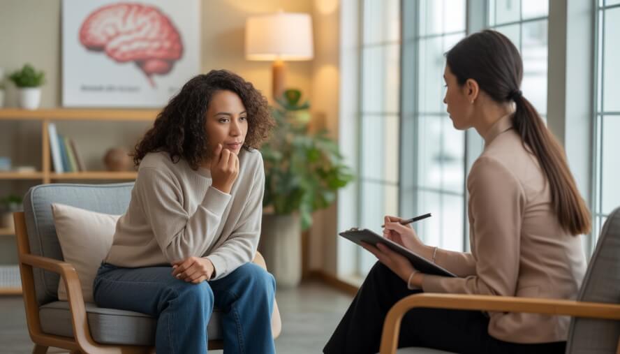 A therapist and an adult client engaged in a supportive conversation in a bright, comfortable therapy office.