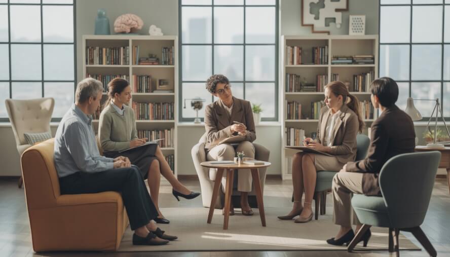 A therapist meeting with adult clients in a bright, modern office with large windows showing a city view.
