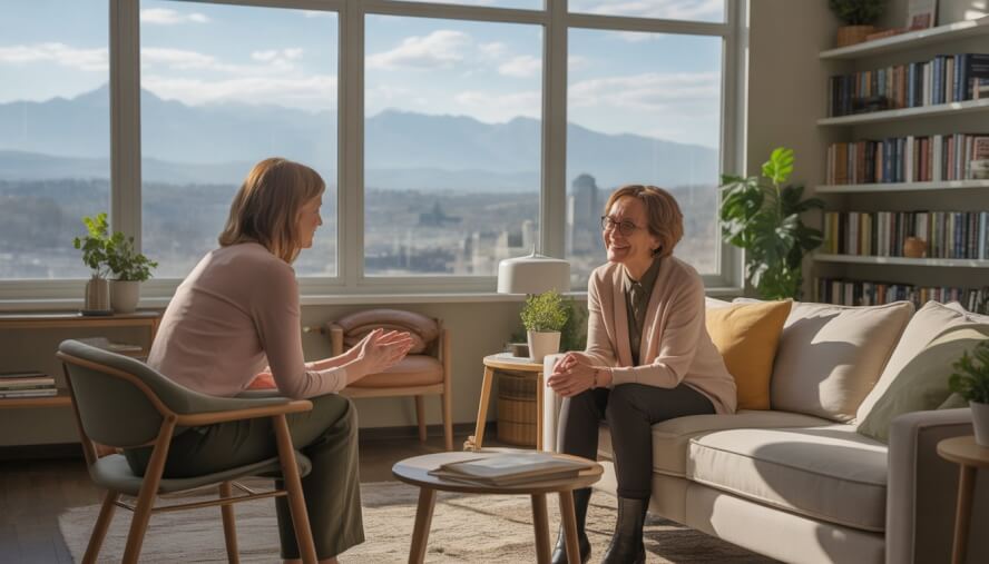 Two adults having a supportive conversation in a bright, comfortable therapy office with a city and mountain view.