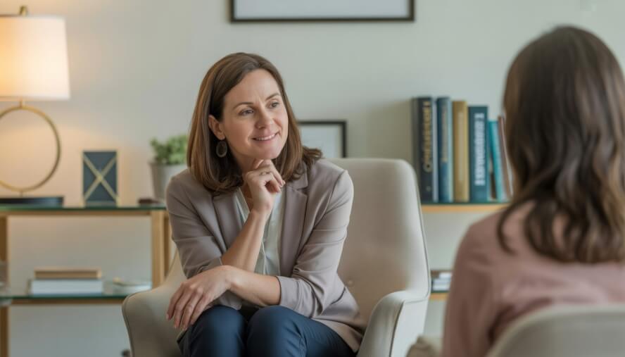 A female therapist sitting in a bright, comfortable office, listening attentively.