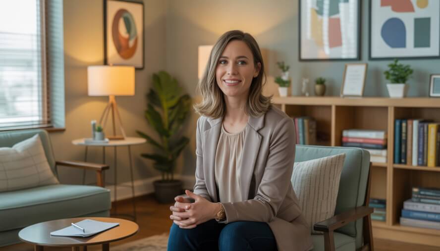 A female counselor sitting in a modern therapy office with bookshelves, plants, and soft natural light.