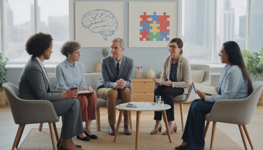 A group of therapists and a client talking in a bright, comfortable therapy office with a city view in the background.