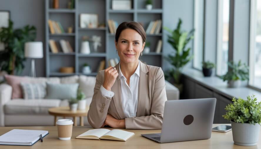 A female therapist sitting at a desk in a bright office with bookshelves and plants in the background.