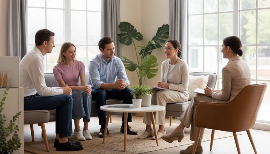 A therapist meeting with a family and a couple in a bright, comfortable counseling office.