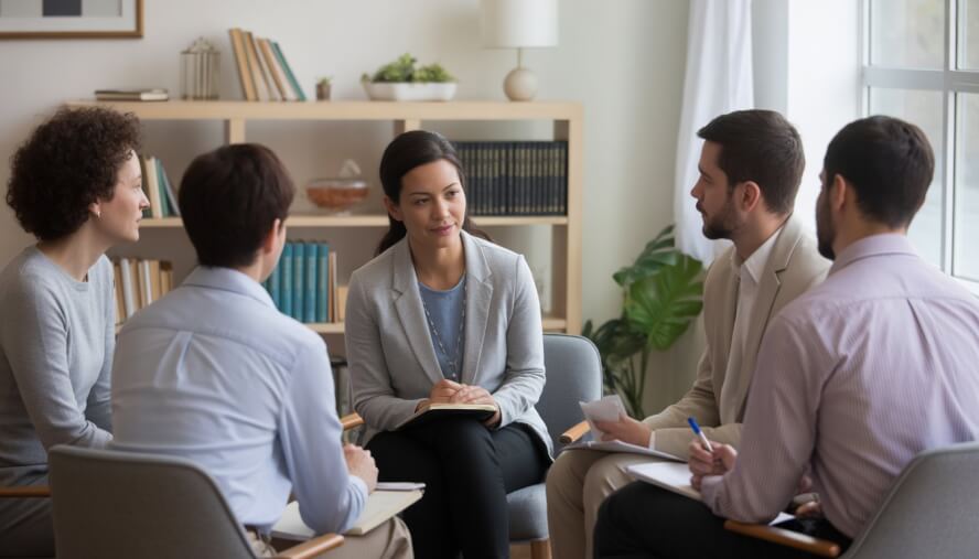A diverse group of adults in a therapy session with a compassionate therapist in a bright, modern office.