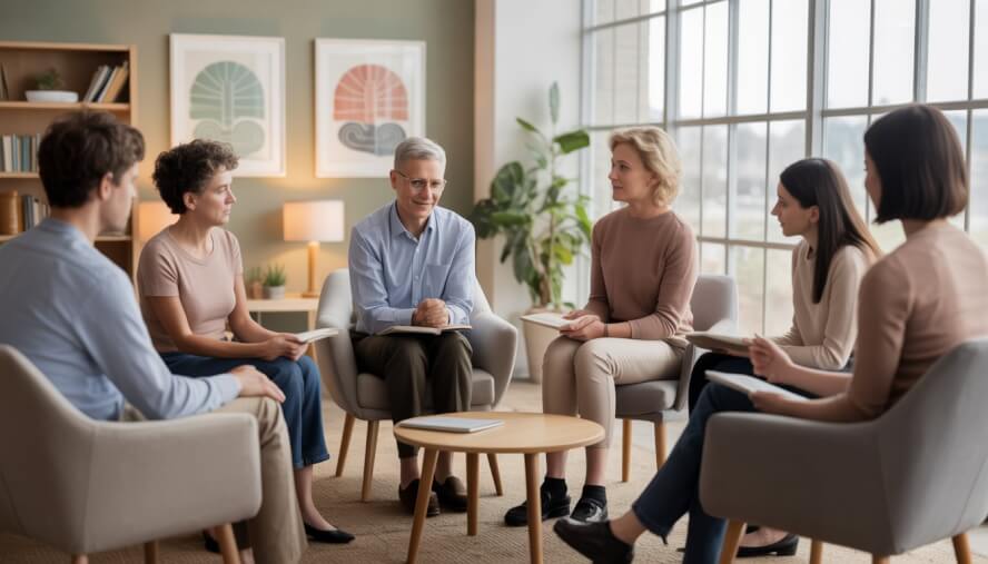 A diverse group of adults participating in a group therapy session led by a therapist in a bright, comfortable room.