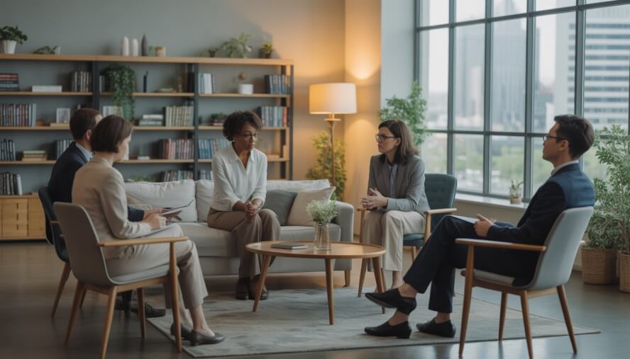 A group of adult therapists in a comfortable office talking with a thoughtful adult client during a counseling session.