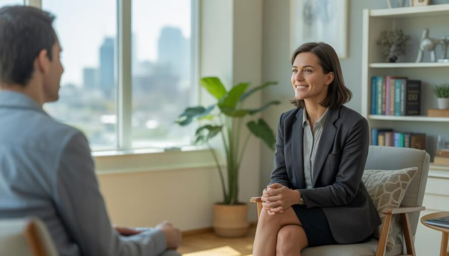 A therapist sitting in a bright, modern office with a view of Nashville, attentively listening in a calm and welcoming environment.