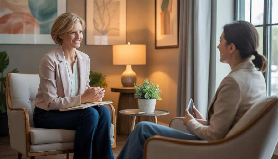 A female therapist attentively listening to an adult client in a comfortable therapy office.