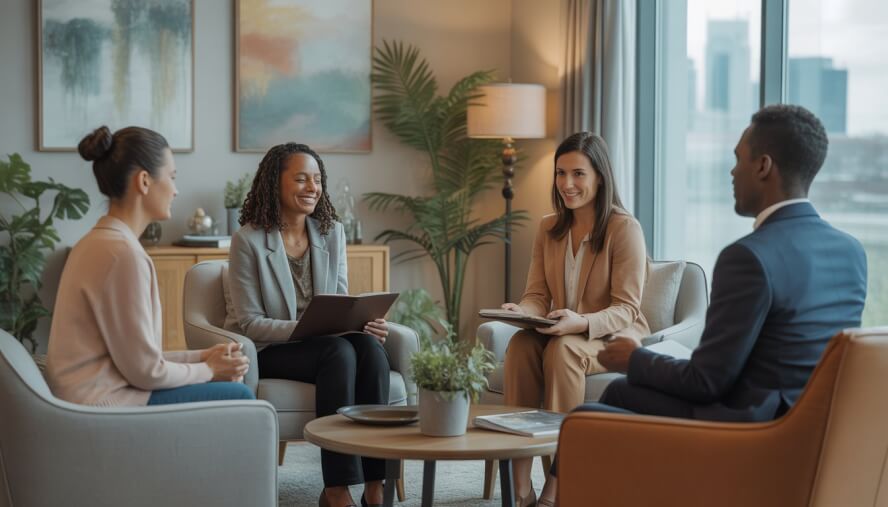 A group of therapists and adult clients in a bright, comfortable counseling office having a supportive therapy session.