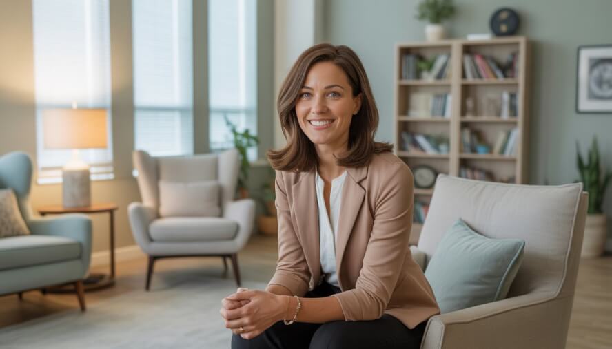 A female psychotherapist sitting in a bright, comfortable therapy office with books and soft natural light.