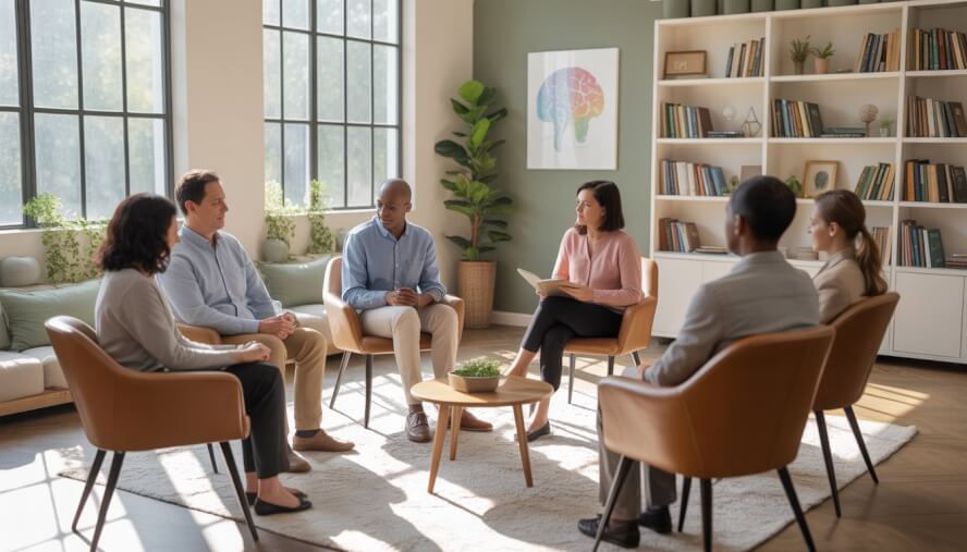 A group of adults and a therapist in a bright, comfortable therapy room engaged in a supportive discussion.