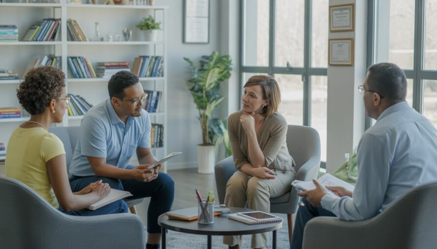 A therapist and an adult client having a focused conversation in a bright, comfortable therapy office.