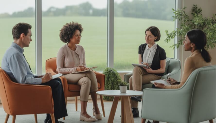 Therapists and adult clients having a supportive conversation in a bright office with a view of green hills outside.