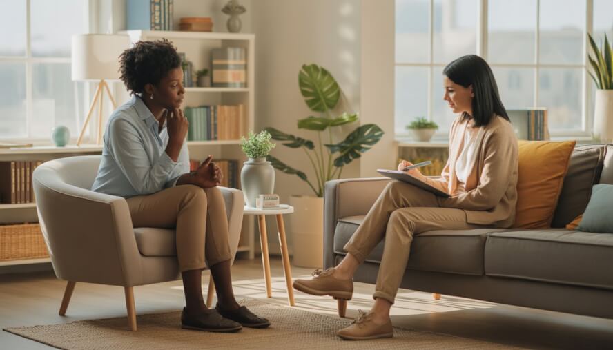 A therapist and an adult client having a thoughtful conversation in a bright, comfortable therapy office.