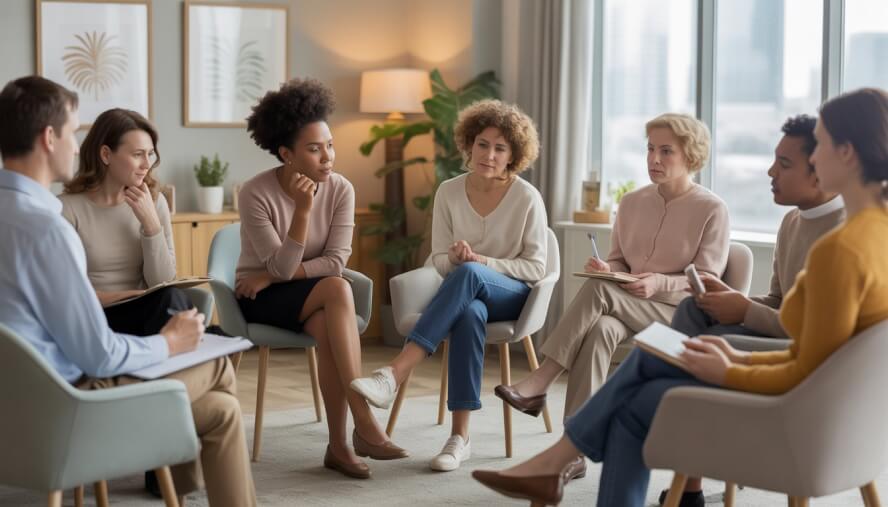 A group therapy session with adults and a therapist in a bright, comfortable office setting.