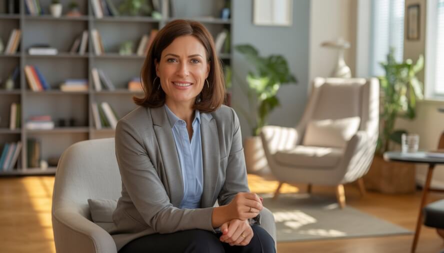 A female therapist sitting in a warm, modern office with bookshelves and a plant, smiling and looking approachable.