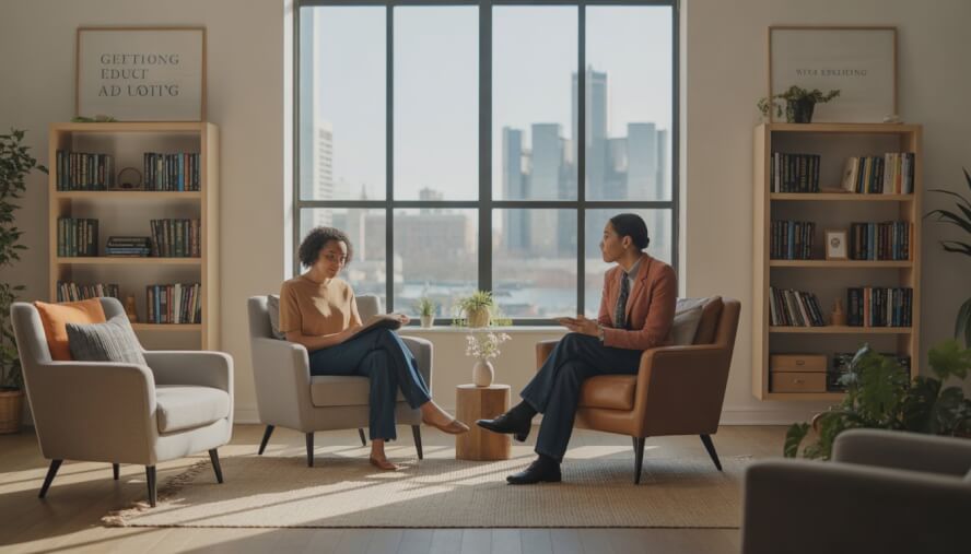 A therapist and an adult client having a conversation in a bright, comfortable therapy office with bookshelves and city skyline visible through the window.