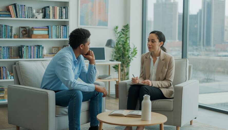 A therapist and an adult client having a supportive conversation in a bright therapy office with bookshelves and a city view in the background.