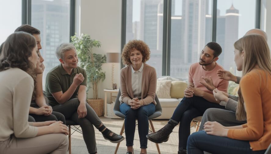 A group of adults seated in a comfortable counseling office with large windows showing a city view, engaged in a therapy session.