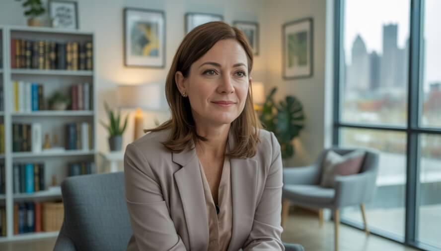 A female therapist sitting in a modern office with bookshelves and a window showing a city skyline, looking attentive and approachable.
