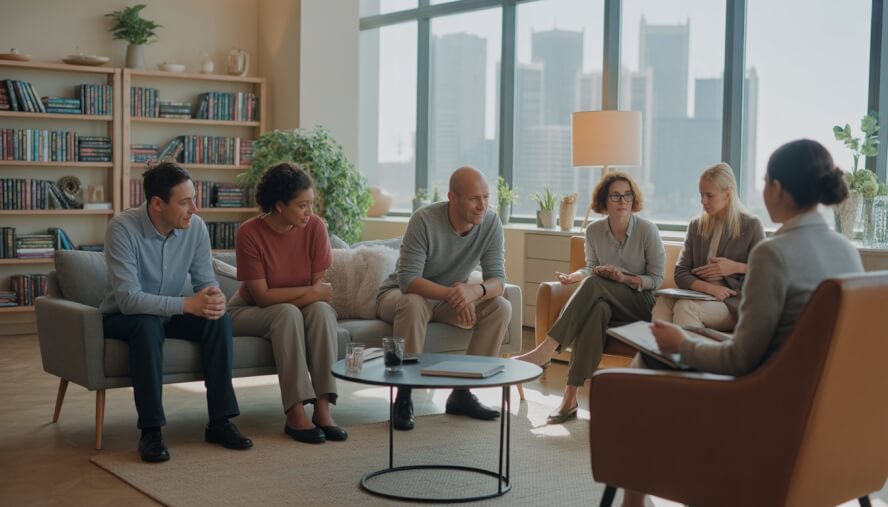 A therapist talking with a diverse group of adults in a bright, comfortable therapy office with a city view in the background.