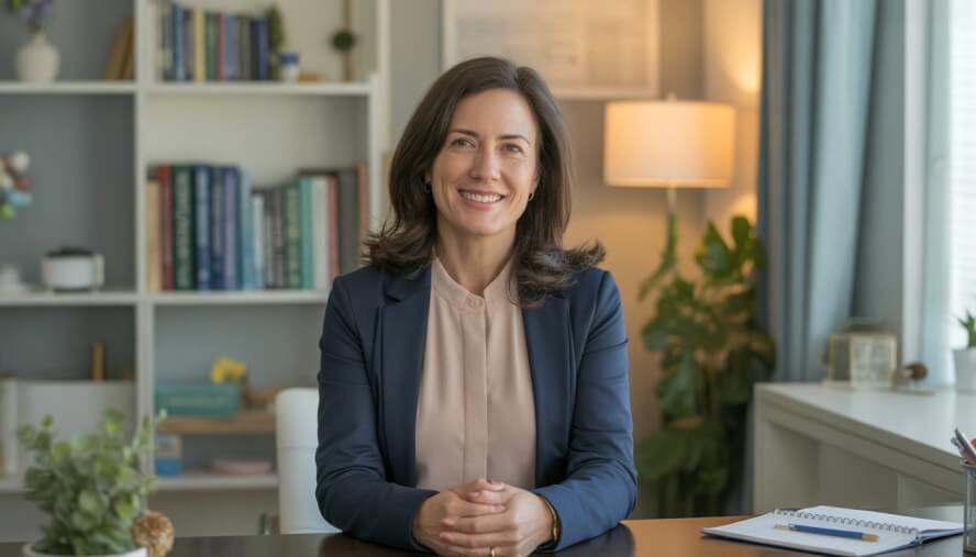 A female clinical psychologist sitting in a warmly lit therapy office with bookshelves and a desk.