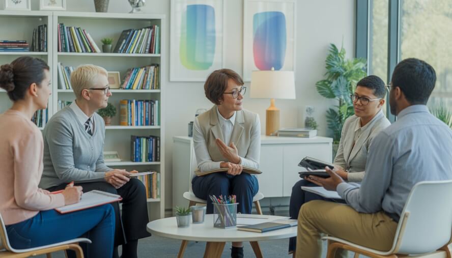 A therapist and a young adult client having a counseling session in a bright, welcoming office.