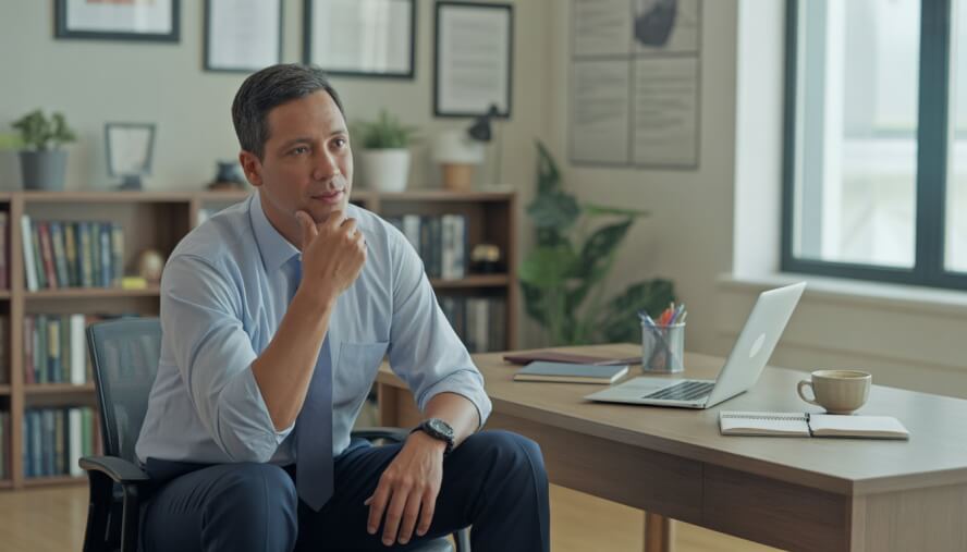 A middle-aged male therapist sitting in a modern office, attentively listening and engaged in conversation.