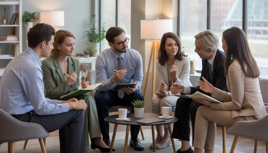 A diverse group of therapists sitting together in a bright, modern office, engaged in a discussion around a table.