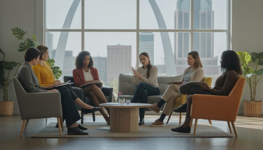 A therapist leading a group session with adult clients in a bright, comfortable room with a view of a city skyline.
