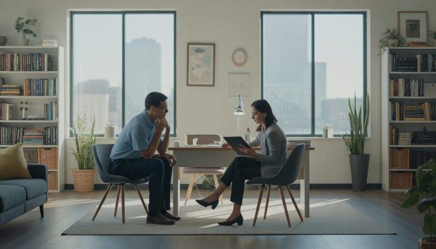 A therapist and an adult client having a thoughtful conversation in a bright, comfortable office with bookshelves and a city view through the window.