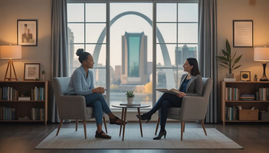 A therapist and an adult client talking in a bright, comfortable therapy office with a view of the St. Louis Gateway Arch through the window.