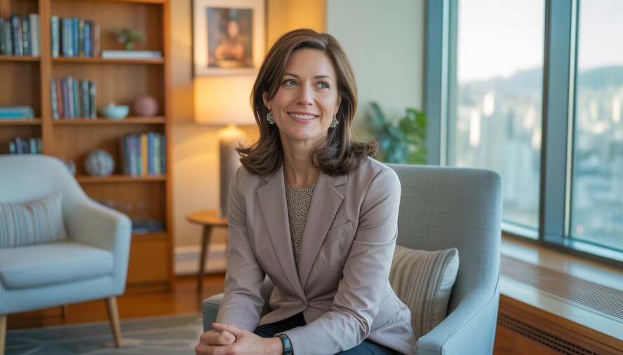 A female therapist sitting in a warmly lit office with bookshelves and a window showing a city view.