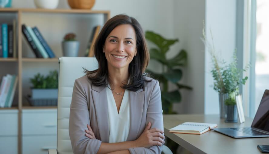 A female therapist sitting in a bright office with a laptop and bookshelf, smiling warmly.