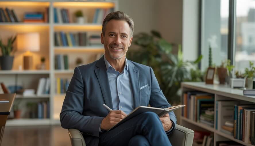 A middle-aged male therapist sitting in a comfortable office with bookshelves and plants, holding a notebook, looking friendly and approachable.