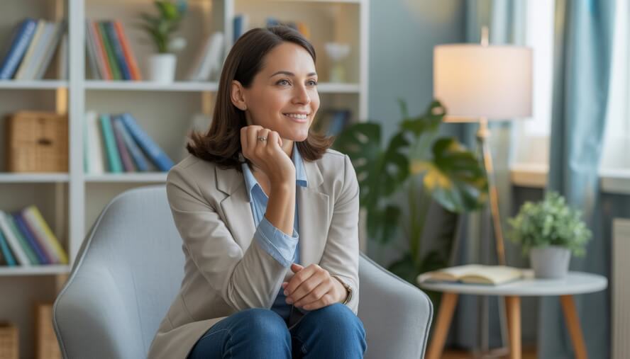 A female therapist sitting in a bright, comfortable office, smiling and listening attentively.