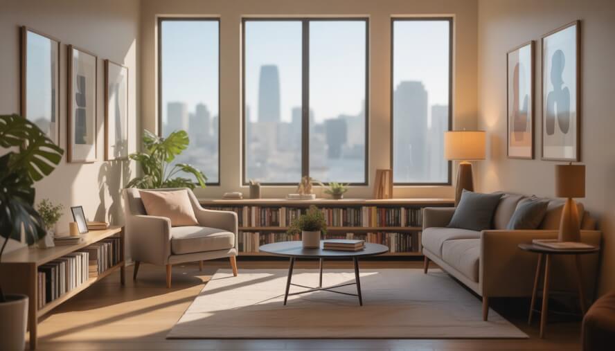 A calm and welcoming therapy room with comfortable seating and large windows showing the San Francisco skyline.