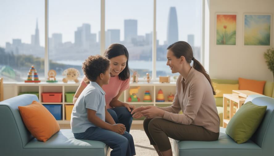 A therapist talking with a child and parent in a bright, comfortable therapy room with toys and a view of San Francisco outside.
